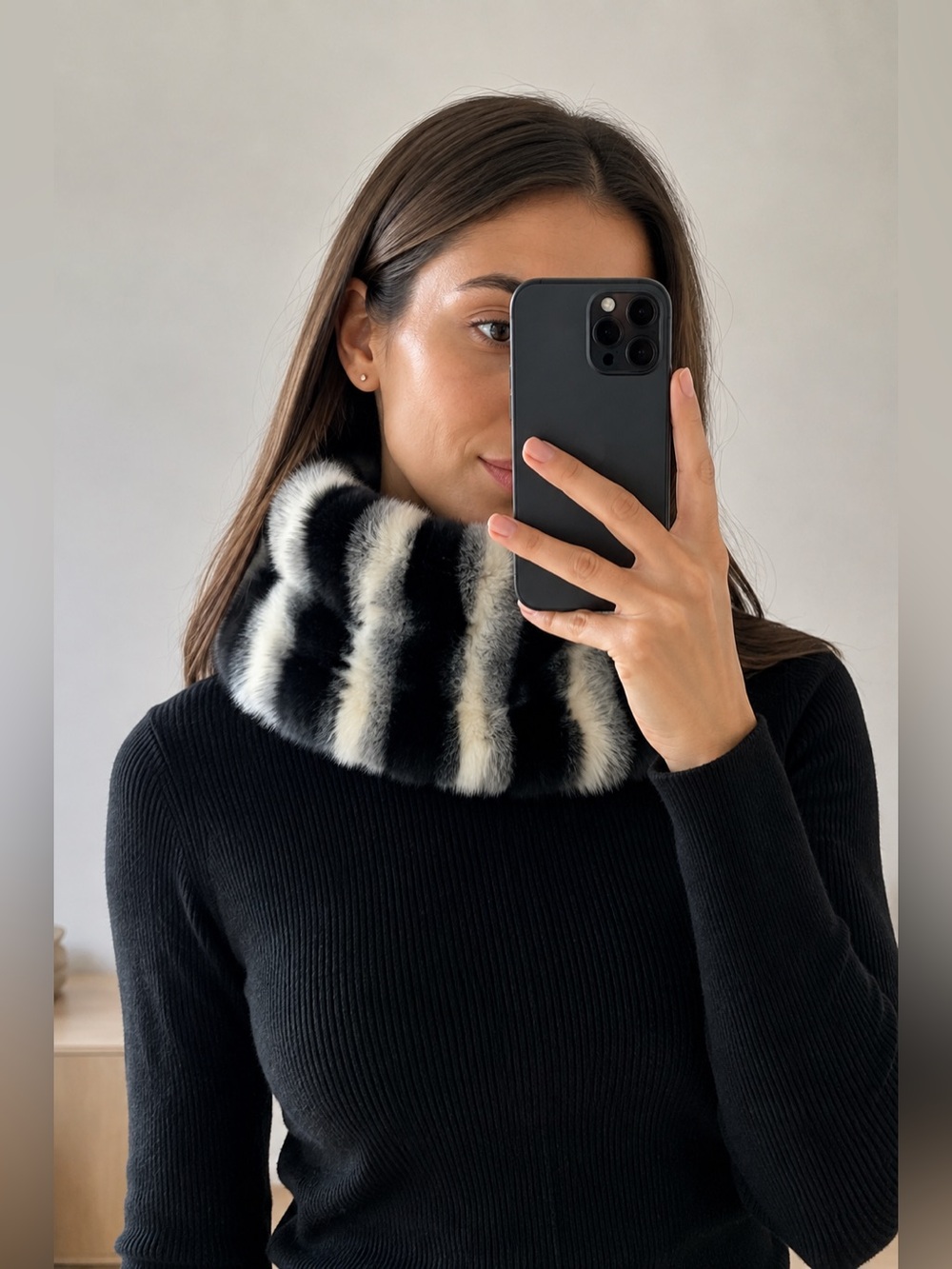 Express Black White Striped Faux Fur Neck Warmer Scarf Winter Collar XS